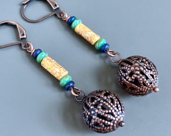 Copper Filigree Ball Earrings - Boho Earrings, Czech Turquoise, Beige, Blue, Earrings, Fall Earrings, Gift for Woman, Birthday
