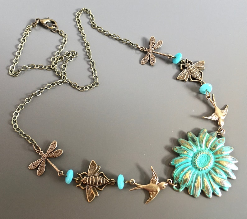 Dragonfly Necklace Sunflower Garden Necklace Bee Necklace Botanical Jewelry Flower Necklace Gift for Gardener Bird Necklace