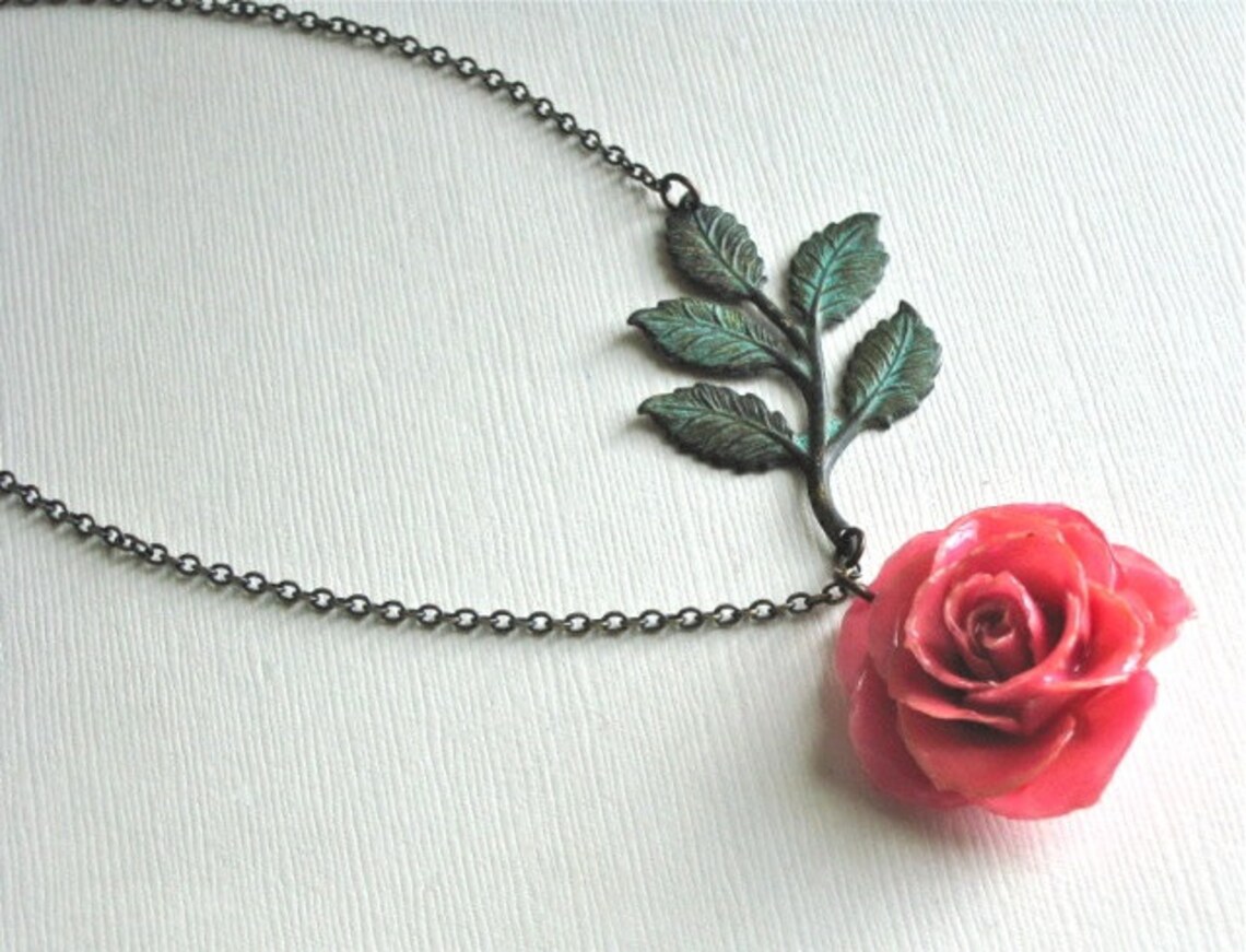 Preserved Pink Rose Necklace Real Flower Necklace Verdigris | Etsy
