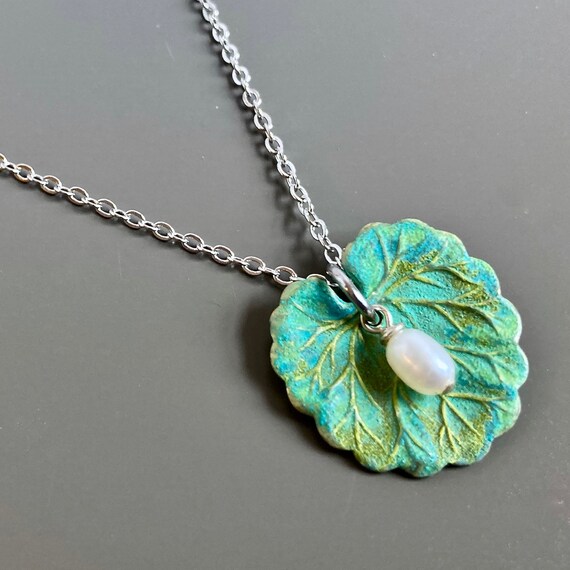 Small Leaf Necklace Lily Pad Necklace Patina Jewelry Leaf Etsy