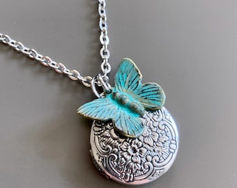 Small Silver Locket  Butterfly Necklace - Locket Necklace, Girl Locket, Keepsake Jewelry, Nature Jewelry, Birthday Gift, Butterfly Gift