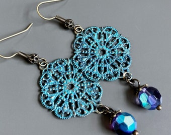 Blue Filigree Earrings - Patina, Iridescent, Purple, Dangly, Lightweight, Sparkly, Gift for Woman, Wife Gift, Party Earrings