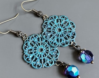 Blue Filigree Earrings - Patina, Iridescent, Purple, Dangly, Lightweight, Sparkly, Gift for Woman, Wife Gift, Party Earrings