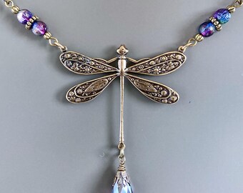 Dragonfly Necklace - Purple, Brass, Dragonfly Jewelry, Nature Jewelry, Garden Jewelry, Dragonfly Gift, Nature Gift, Gift for Woman, Birthday