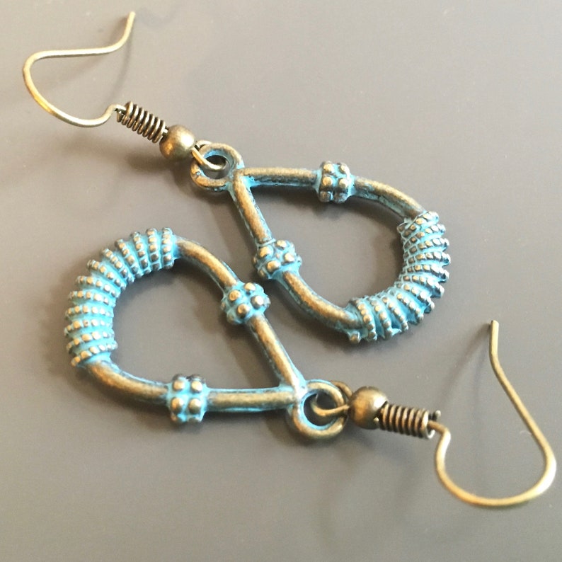 Small Patina Hoop Earrings Bali Style, Brass Hoop Earrings, Turquoise Jewelry, Turquoise Brass, Gift for Woman, Gift for Teen Girl image 1