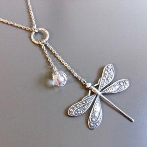 Silver Dragonfly Necklace - Lariat Style, Dragonfly Jewelry, Nature Jewelry, Crystal Jewelry, Dragonfly Gift, Gardener Gift, Nature Gift