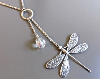 Silver Dragonfly Necklace - Lariat Style, Dragonfly Jewelry, Nature Jewelry, Crystal Jewelry, Dragonfly Gift, Gardener Gift, Nature Gift