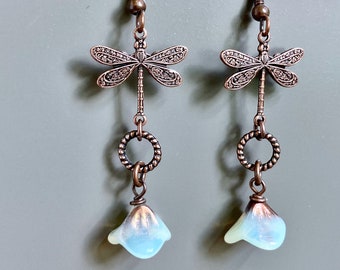 Copper Dragonfly Earrings - Opalescent Flower Earrings - Czech, Floral Jewelry, Floral Jewelry, Botanical Jewelry, Gift for Woman