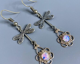 Brass Dragonfly Earrings - Glass Fire Opal, Filigree Earrings, Dragonfly Jewelry, Gift for Woman, Birthday, Nature Lover