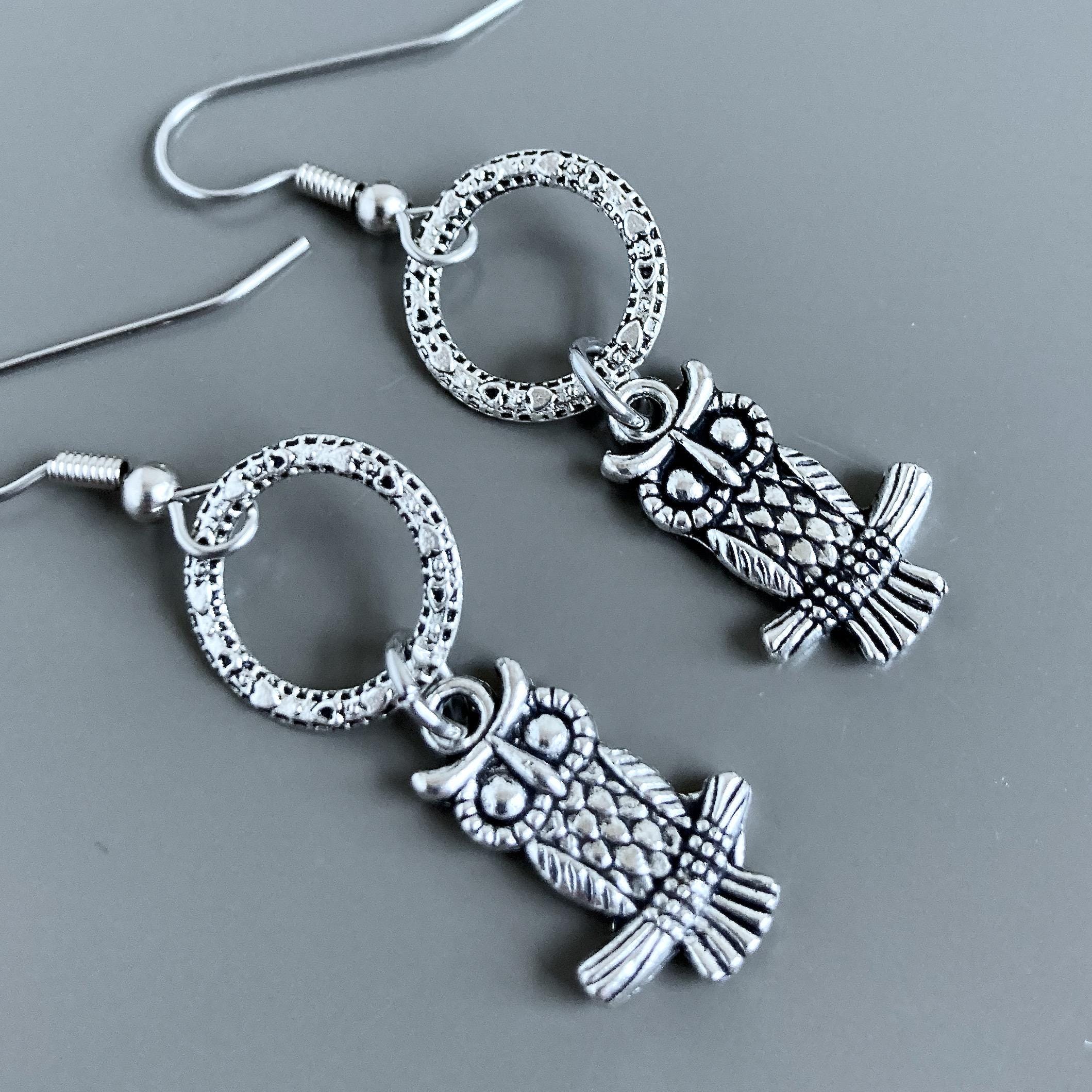 Silver Owl Earrings - Bird Earrings, Owl Jewelry, Nature Jewelry, Bird Jewelry, Flower Earrings, Bir