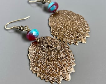 Boho Earrings - Large Earrings, Lightweight Earrings, Brass Earrings, Big Earrings, Czech Glass,  Gift for Woman, Birthday, Graduation