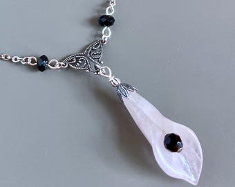 Calla Lily Necklace - Quartz Necklace, Floral Jewelry, Flower Necklace, Pink and Black, Nature Jewelry, Gift for Woman, Nature Gift