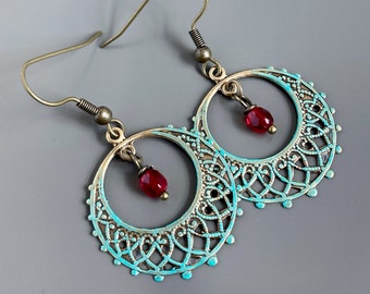 Aqua and Red Hoop Earrings - Filigree Earrings, Chandelier Earrings, Patina Jewelry, Gift for Woman, Birthday Gift, Coworker Gift