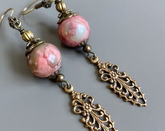 Pink Jasper Earrings - Nevada Jasper, Brass Filigree Earrings, Long Earrings, Gift for Woman, Birthday Gift, Anniversary Gift, Christmas