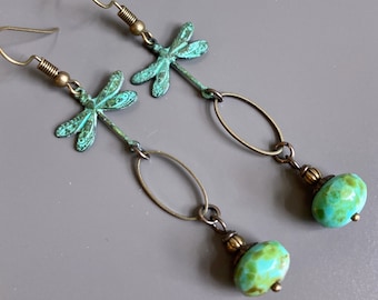 Dragonfly Earrings - Verdigris Patina, Czech Turquoise Glass, Dragonfly Jewelry, Nature Jewelry, Dragonfly Gift, Nature Gift, Gift for Woman