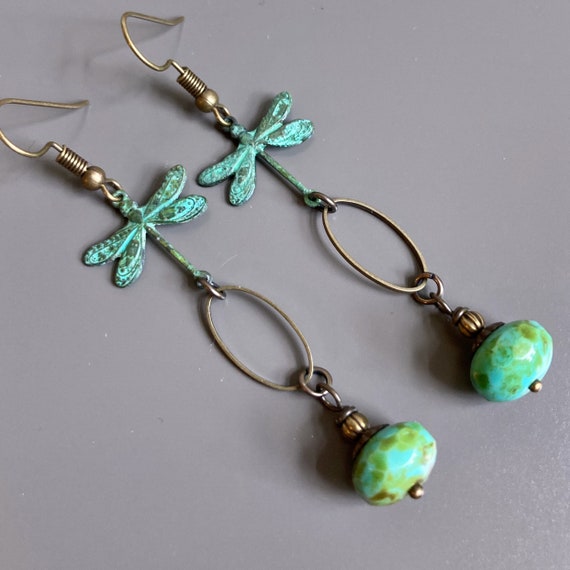Dragonfly Earrings - Verdigris Patina, Czech Turquoise Glass, Dragonfly Jewelry, Nature Jewelry, Dragonfly Gift, Nature Gift, Gift for Woman