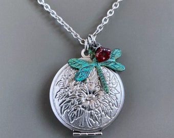 Dragonfly Locket Necklace - Silver Locket, Floral Design, Dragonfly Jewelry, Flower Necklace, Botanical Jewelry, Keepsake Jewelry