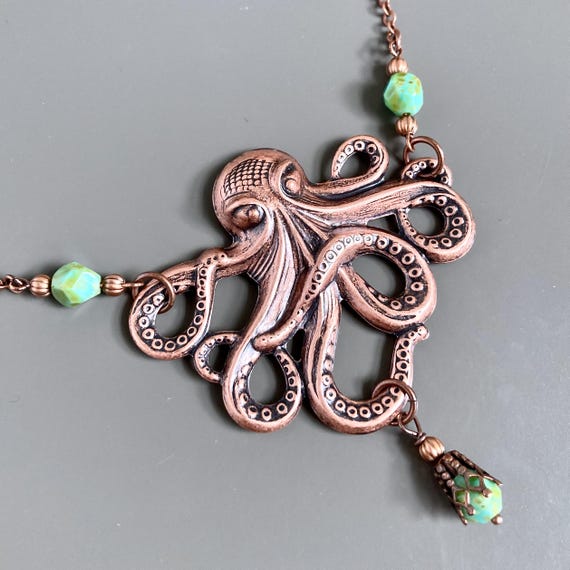 Octopus Necklace - Copper and Turquoise Necklace, Ocean Jewelry