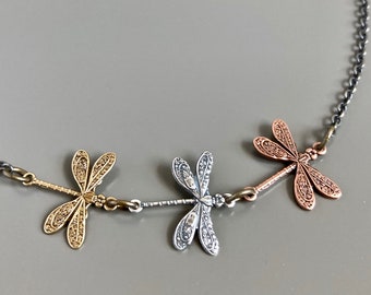Mixed Metal Dragonfly Necklace - Small Dragonfly Necklace, Nature Jewelry, Nature Necklace, Dragonfly Gift, Nature Gift, Gift for Woman