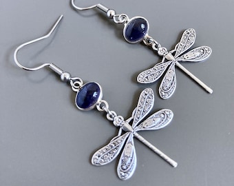 Silver Dragonfly Earrings - Purple Earrings, Dragonfly Jewelry, Dragonfly Gift, Nature Gift, Nature Jewelry, Gift for Woman