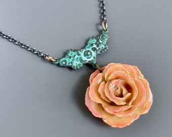 Real Rose Necklace -  Peach and Cream Rose, Real Flower Necklace, Real Flower Jewelry, Nature Jewelry, Botanical Jewelry, Gift for Woman