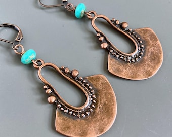 Pendientes bohemios de cobre: grandes, de cristal checo turquesa, largos, étnicos, estilo tribal, regalo para mujer, regalo de cumpleaños.