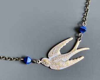 Bird Necklace - White Bird, Bird Jewelry, Nature Jewelry, Blue Necklace, Cream Necklace, Bird Gift, Gift for Woman, Nature Gift