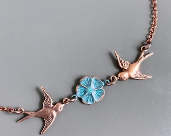 Collar de flores y pájaros - Joyería de jardín, Joyería de flores, Verde azulado y cobre, Joyería botánica, Regalo para mujer, Cumpleaños, Regalo de dama de honor