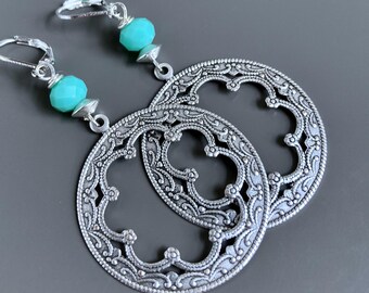 Grandi orecchini a cerchio in argento - Acquamarina, Boho, Leggeri, Turchesi, Decorativi, Goffrati, Grandi orecchini, Regalo per donna, Regalo per amica