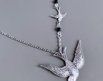 Silver Bird Necklace - Nature Jewelry, Bird Jewelry, Mother and Child, Gift for Woman, Bird Gift, Birthday Gift, Mother Gift, Czech Black
