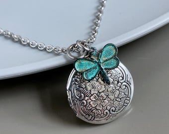 Small Locket Necklace - Dragonfly, Silver Locket, Patina Jewelry, Gift for Woman, Girl, Teen, Birthday Gift, Christmas, Bridesmaid Gift