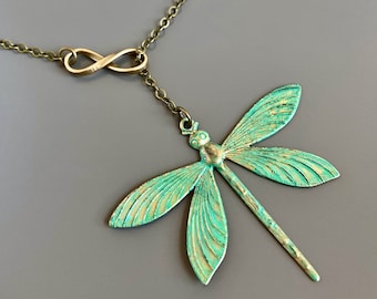 Large Dragonfly Lariat Necklace - Infinity Necklace, Verdigris Jewelry,  Patina Necklace, Garden Jewelry, Nature Jewelry, Gift for Woman