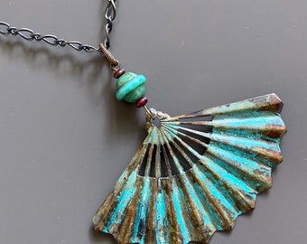 Large Fan Necklace - Patina Jewelry, Verdigris, Long Necklace, Statement Necklace, Turquoise and Red, Gift for Woman, Boho Jewelry,