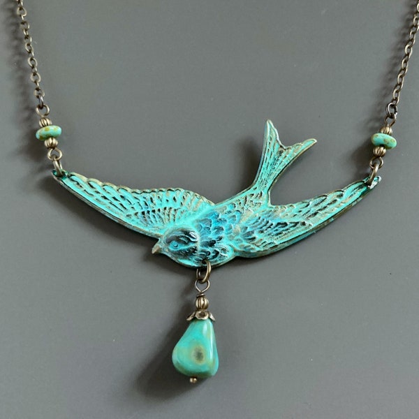 Bird Necklace - Patina Jewelry, Verdigris Jewelry, Bird Jewelry, Nature Jewelry, Gift for Woman, Large Bird, Bird Lover Gift, Birthday Gift