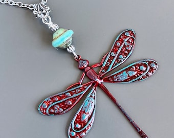Red Dragonfly Necklace - Dragonfly Jewelry, Nature Jewelry, Gift for Woman, Dragonfly Gift, Red and Turquoise Necklace, Graduation Gift
