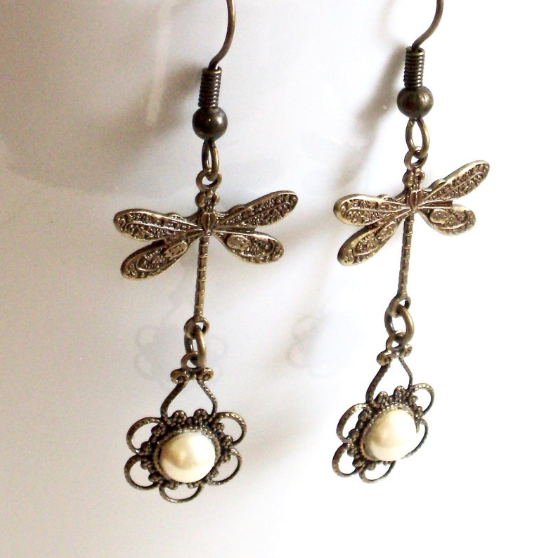 Brass Dragonfly Earrings Pearl Earrings, Filigree Earrings, Dragonfly Jewelry, Gift for Woman, Birthday Gift, Anniversary, Graduation image 4