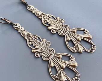 Art Nouveau Drop Earrings - Brass, Long Earrings, Lightweight Earrings, Gift for Woman, Birthday Gift, Anniversary Gift