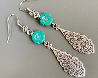 Turquoise Silver Earrings - Embossed, Flower Earrings,  Gift for Woman, Birthday Gift, Lightweight Earrings, Czech Glass