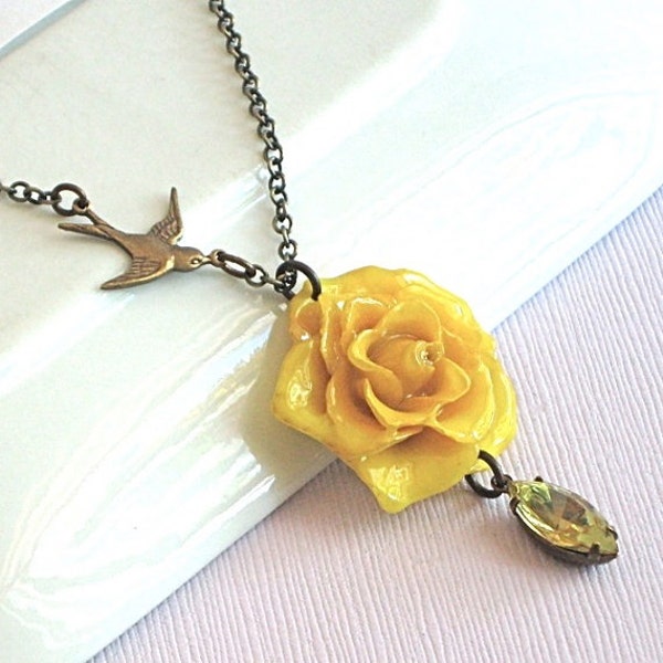 Real Yellow Rose Necklace - Bird, Natural Preserved, Flower Jewelry, Brass