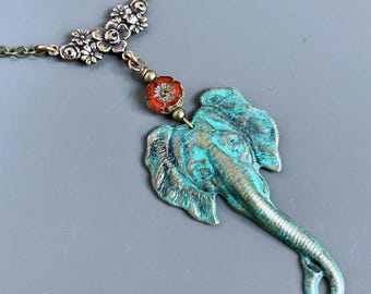 Elephant Necklace - Verdigris Patina, Flower, Animal Jewelry, Nature Jewelry, Safari, Elephant Jewelry, Gift for Woman, Birthday