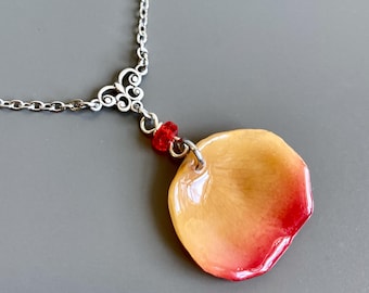 Real Rose Petal Necklace - Yellow Red, Real Flower Necklace, Botanical Jewelry, Rose Necklace, Butterfly Necklace, Flower Gift, Nature Gift