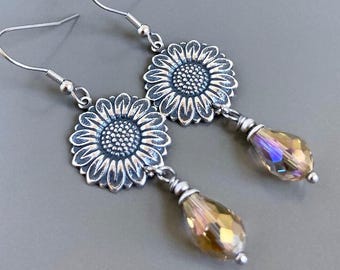 Silver Sunflower Earrings - Yellow Crystal Earrings, Flower Earrings, Nature Jewelry, Garden Jewelry, Gift for Gardener, Nature Gift