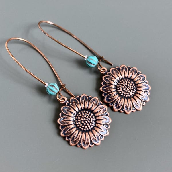 Copper Sunflower Earrings - Boho Earrings, Long Earrings, Flower Earrings, Nature Jewelry, Garden Jewelry, Gift for Gardener, Nature Gift