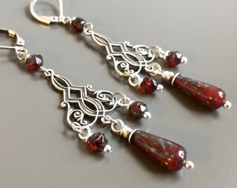 Red and Silver Chandelier Earrings - Dark Cranberry Red Earrings, Long Earrings, Lightweight Earrings, Gift for Woman, Dressy Earrings