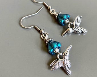 Silver Hummingbird Earrings - Bird Jewelry, Flower Earrings, Nature Jewelry, Teal Flower Earrings, Bird Gift, Nature Gift, Gift for Woman