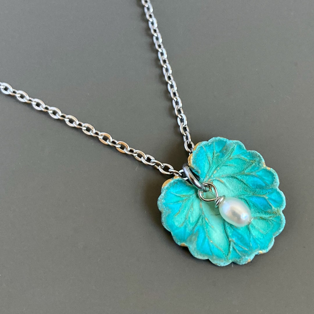 Small Leaf Necklace Lily Pad Necklace, Patina Jewelry, Leaf Jewelry
