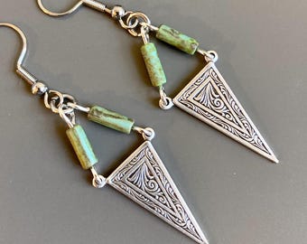 Silver Art Deco Earrings - Embossed, Lightweight Earrings, Czech Turquoise Earrings, Triangle Earrings, Boho Earrings, Gift for Woman