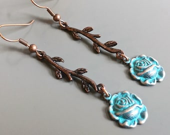 Rose Earrings - Flower Earrings, Garden Jewelry, Botanical Jewelry, Patina Jewelry, Teal Earrings, Long Earrings, Gift for Woman, Birthday