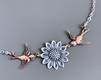 Sunflower Bird Necklace - Mixed Metal, Garden Jewelry,  Flower Jewelry, Botanical Jewelry, Gift for Woman, Birthday, Graduation Gift