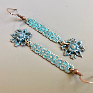 Flower Drop Earrings Patina Earrings, Copper and Turquoise, Long Earrings, Lightweight Earrings, Gift for Friend, Gift for Womanl image 4